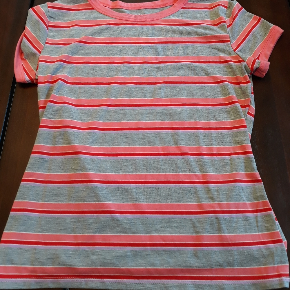 Gray, pink, coral pink, and hot pink stipped shirt